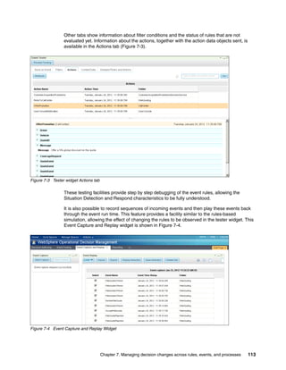 Chapter 7. Managing decision changes across rules, events, and processes 113
Other tabs show information about filter conditions and the status of rules that are not
evaluated yet. Information about the actions, together with the action data objects sent, is
available in the Actions tab (Figure 7-3).
Figure 7-3 Tester widget Actions tab
These testing facilities provide step by step debugging of the event rules, allowing the
Situation Detection and Respond characteristics to be fully understood.
It is also possible to record sequences of incoming events and then play these events back
through the event run time. This feature provides a facility similar to the rules-based
simulation, allowing the effect of changing the rules to be observed in the tester widget. This
Event Capture and Replay widget is shown in Figure 7-4.
Figure 7-4 Event Capture and Replay Widget
 
