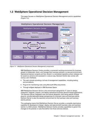 Chapter 1. Decision management overview 3
1.2 WebSphere Operational Decision Management
This paper focuses on WebSphere Operational Decision Management and its capabilities
(Figure 1-2).
Figure 1-2 WebSphere Operational Decision Management components
IBM WebSphere Decision Center provides a convenient working environment for business
people to collaborate, share, and manage their business policies in a secured environment.
Operational decision projects are then stored in a centralized repository where releases can
be saved as versions and accessed in a secure way. Decision Center also comes with
various user interfaces:
The web console providing a full set of management capabilities, including testing
and simulations
Plug-ins for maintaining rules using Microsoft Office documents
Through widgets deployed in IBM Business Space
IBM WebSphere Decision Server is the environment designed for IT users to design,
implement, integrate, prepare, and deploy operational business decision-based applications.
The Decision Server integrated rules and events designers, both being specific Eclipse
plug-ins, provide dedicated design perspectives for business rules and business events.
Decision Server is also the execution environment for the business rules and business
events policies.
This packaging means that WebSphere Decision Server provides a complete stand-alone
capability for developers to design, deploy, and execute both business rules and business
events in a SOA solution. WebSphere Decision Center provides capabilities to govern the
changes to the policies or rules that define how those services behave.
WebSphere Operational Decision Management
WebSphere Decision Center
Design
Management
Versioning
Decision Artifacts Access and Control
Repository
Rule
Execution
Event
Execution
Decision
Monitoring
Connectors
WebSphere Decision Server
Define
Deploy
Update
Measure
Visibility &
Governance
Rule Designer
Event Designer
Decision Center
for Business Space
Rule Solutions
for Office
Decision Center
Console
 