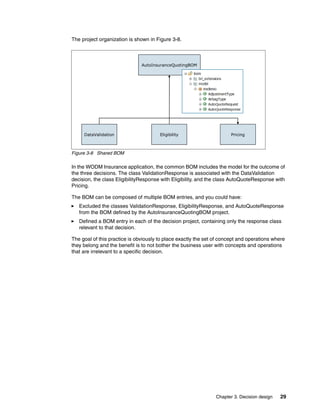 Chapter 3. Decision design 29
The project organization is shown in Figure 3-8.
Figure 3-8 Shared BOM
In the WODM Insurance application, the common BOM includes the model for the outcome of
the three decisions. The class ValidationResponse is associated with the DataValidation
decision, the class EligibilityResponse with Eligibility, and the class AutoQuoteResponse with
Pricing.
The BOM can be composed of multiple BOM entries, and you could have:
Excluded the classes ValidationResponse, EligibilityResponse, and AutoQuoteResponse
from the BOM defined by the AutoInsuranceQuotingBOM project.
Defined a BOM entry in each of the decision project, containing only the response class
relevant to that decision.
The goal of this practice is obviously to place exactly the set of concept and operations where
they belong and the benefit is to not bother the business user with concepts and operations
that are irrelevant to a specific decision.
AutoInsuranceQuotingBOM
DataValidation Eligibility Pricing
 