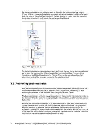 32 Making Better Decisions Using IBM WebSphere Operational Decision Management
For decisions that perform a validation such as Eligibility, the common rule flow pattern
(Figure 3-14) is a cascade of rule tasks associated with a rule package, in which, after each
task, the value of the output flag is tested. If the task detects an invalid state, the execution
terminates; otherwise, it continues to the next group of validations.
Figure 3-14 Eligibility rule flow
For decisions that perform a computation, such as Pricing, the rule flow is decomposed into a
set of tasks that represent the different steps of the computation (Base Premium, Local
Adjustments, and Global Adjustments for Pricing). There is also some branching that
determines which of the steps are needed for the request context.
3.5 Authoring business rules
With the decomposition and orchestration of the different steps of the decision in place, the
individual business rules can now be specified in the rule package they belong to. Rule
authoring is performed by the Business users using the Decision Center.
The business rules are written to recognize a pattern in the context of information provided to
the decision. When the pattern is recognized by the rule conditions, a set of actions is applied
by the rule.
Although the actions can correspond to an arbitrary snippet of code, they usually assign or
update the value of an attribute that contributes to the decision response. The goal of the
Eligibility decision, for example, decides whether the insurance application should be
accepted or rejected. By default, the application’s eligibility flag is set to “Eligible” and the goal
of the rules is to recognize the conditions under which the application is “Ineligible” (or should
go through a manual review process) and mark it as such.
 