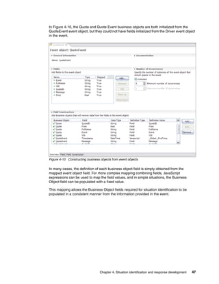 Chapter 4. Situation identification and response development 47
In Figure 4-10, the Quote and Quote Event business objects are both initialized from the
QuoteEvent event object, but they could not have fields initialized from the Driver event object
in the event.
Figure 4-10 Constructing business objects from event objects
In many cases, the definition of each business object field is simply obtained from the
mapped event object field. For more complex mapping combining fields, JavaScript
expressions can be used to map the field values, and in simple situations, the Business
Object field can be populated with a fixed value.
This mapping allows the Business Object fields required for situation identification to be
populated in a consistent manner from the information provided in the event.
 