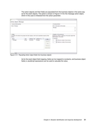 Chapter 4. Situation identification and response development 51
The action objects and their fields are populated from the business objects in the same way
as for the event objects. This action is shown in Figure 4-14 for the message action object,
which in this case is initialized from the action parameter.
Figure 4-14 Populating Action object fields from business objects
As for the event object field mapping, fields can be mapped to constants, and business object
fields or JavaScript expressions can be used to calculate the value.
 