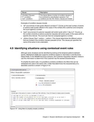 Chapter 4. Situation identification and response development 55
Examples of condition clauses include:
“all” occurrences of web quote offered is at least 2": Counts up the total number of events
or actions (web quotes offered in this case) in this context (this customer) and compares
the count against a number.
“past” occurrences of customer requests call center quote within 1 day is 2": Counts up
the number of events or actions (customer requests call center quote, in this case) within a
specific time interval. The count can then be compared against a number.
<Action Clause "then" <action> ; <action>: This clause determines the different actions
that are invoked if the condition clauses evaluate to true. This clause just specifies the
name of the action to be undertaken.
4.9 Identifying situations using contextual event rules
Although some situations can be identified by looking at the temporal patterns between
events, WebSphere ODM also supports conditions based on information in the Business
Object fields. In the WODM Insurance scenario, the Customer Acquisition Situation needs to
use this information to determine if the customer has the wanted characteristics.
To simplify the event rules, it is possible to combine conditions into filters that can be
verbalized and used in the event rules. A filter that determines the characteristics of a
desirable customer is shown in Figure 4-19.
Figure 4-19 Using filters to simplify complex conditions
<Condition Clauses>
"if" <condition>
"and" <condition>
This clause allows a number of condition clauses to
be combined by using Boolean operators. If all
conditions are met, the <Action> clauses are invoked.
Clause Description
 