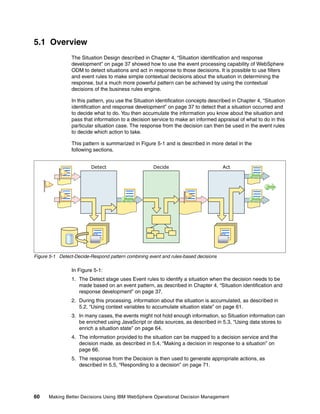 60 Making Better Decisions Using IBM WebSphere Operational Decision Management
5.1 Overview
The Situation Design described in Chapter 4, “Situation identification and response
development” on page 37 showed how to use the event processing capability of WebSphere
ODM to detect situations and act in response to those decisions. It is possible to use filters
and event rules to make simple contextual decisions about the situation in determining the
response, but a much more powerful pattern can be achieved by using the contextual
decisions of the business rules engine.
In this pattern, you use the Situation identification concepts described in Chapter 4, “Situation
identification and response development” on page 37 to detect that a situation occurred and
to decide what to do. You then accumulate the information you know about the situation and
pass that information to a decision service to make an informed appraisal of what to do in this
particular situation case. The response from the decision can then be used in the event rules
to decide which action to take.
This pattern is summarized in Figure 5-1 and is described in more detail in the
following sections.
Figure 5-1 Detect-Decide-Respond pattern combining event and rules-based decisions
In Figure 5-1:
1. The Detect stage uses Event rules to identify a situation when the decision needs to be
made based on an event pattern, as described in Chapter 4, “Situation identification and
response development” on page 37.
2. During this processing, information about the situation is accumulated, as described in
5.2, “Using context variables to accumulate situation state” on page 61.
3. In many cases, the events might not hold enough information, so Situation information can
be enriched using JavaScript or data sources, as described in 5.3, “Using data stores to
enrich a situation state” on page 64.
4. The information provided to the situation can be mapped to a decision service and the
decision made, as described in 5.4, “Making a decision in response to a situation” on
page 66.
5. The response from the Decision is then used to generate appropriate actions, as
described in 5.5, “Responding to a decision” on page 71.
Detect ActDecide
 