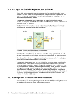 66 Making Better Decisions Using IBM WebSphere Operational Decision Management
5.4 Making a decision in response to a situation
Section 5.3, “Using data stores to enrich a situation state” on page 64, described how to
populate a situation with all the information needed to make a decision. In this section, you
see how we can map that situational information onto a decision service call and get the
response back in the form of an event.
In the WODM Insurance scenario, in response to the Customer Acquisition Situation
situation, you are going to call the Customer Acquisition Promotions decision to decide what
promotion to offer the customer.
The Decision is implemented as a service and can be started from the event run time by
using the SOAP web services connector (Figure 5-8).
Figure 5-8 Starting a decision service from the event run time
The information needed to make the decision is passed as an input parameter to the web
service. This parameter can be mapped onto the action objects using the SOAP connector.
When the decision returns, the response is displayed as a new event with the event objects
corresponding to the output parameters of the service.
In the WODM Insurance scenario, you input in the driver, vehicle, coverage request, quote,
and quote history. The Customer acquisition promotions look at the current quote (driver,
vehicle, coverage request, and quote) and might look at the quote history to determine what
the customer is trying to achieve and therefore what promotion should be offered. In practice,
looking at the coverage request history might be more meaningful to determine what the
customer is trying to achieve. If you are looking for fraudulent behavior, you might need to
look at the driver and vehicle histories. As this action necessitates storing more information in
the situation context, a balance must be made when considering the information to pass
between the situation and decision.
5.4.1 Creating events and actions from a decision service
The simplest way of performing this integration is to obtain the WSDL describing the decision
service and import it into the Event Project in Event Designer.
Action Event
Decision
Service
Input Output
BOM
ResponseRequest
 