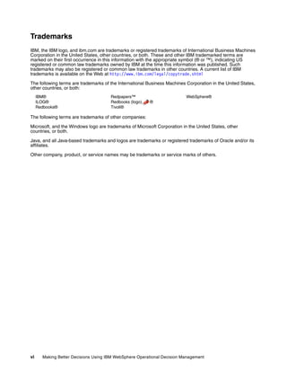 vi Making Better Decisions Using IBM WebSphere Operational Decision Management
Trademarks
IBM, the IBM logo, and ibm.com are trademarks or registered trademarks of International Business Machines
Corporation in the United States, other countries, or both. These and other IBM trademarked terms are
marked on their first occurrence in this information with the appropriate symbol (® or ™), indicating US
registered or common law trademarks owned by IBM at the time this information was published. Such
trademarks may also be registered or common law trademarks in other countries. A current list of IBM
trademarks is available on the Web at http://www.ibm.com/legal/copytrade.shtml
The following terms are trademarks of the International Business Machines Corporation in the United States,
other countries, or both:
IBM®
ILOG®
Redbooks®
Redpapers™
Redbooks (logo) ®
Tivoli®
WebSphere®
The following terms are trademarks of other companies:
Microsoft, and the Windows logo are trademarks of Microsoft Corporation in the United States, other
countries, or both.
Java, and all Java-based trademarks and logos are trademarks or registered trademarks of Oracle and/or its
affiliates.
Other company, product, or service names may be trademarks or service marks of others.
 