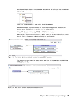 Chapter 5. Detect-Decide-Respond pattern design 75
By combining these events in the same folder (Figure 5-18), we can group them into a single
web service.
Figure 5-18 Grouping events in a folder to form web service operations
After the connectors are configured and the project deployed the WSDL, describing the
service can be obtained from the run time from the following URL:
http://<host>:<port>/wbecasoap/SOAPEventWSDL?folder=<folder>
If this WSDL is downloaded and viewed in a WSDL editor, the structure of the service can be
seen in Figure 5-19 as a one-way call containing the event payload.
Figure 5-19 Web Service signature provided by exposing events use SOAP connector
The payload and structure of the events can be seen from the inline schema provided in the
WSDL (Figure 5-20).
Figure 5-20 Web Service signature showing repeated event payload
 
