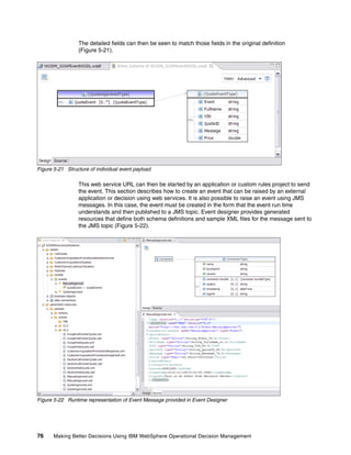 76 Making Better Decisions Using IBM WebSphere Operational Decision Management
The detailed fields can then be seen to match those fields in the original definition
(Figure 5-21).
Figure 5-21 Structure of individual event payload
This web service URL can then be started by an application or custom rules project to send
the event. This section describes how to create an event that can be raised by an external
application or decision using web services. It is also possible to raise an event using JMS
messages. In this case, the event must be created in the form that the event run time
understands and then published to a JMS topic. Event designer provides generated
resources that define both schema definitions and sample XML files for the message sent to
the JMS topic (Figure 5-22).
Figure 5-22 Runtime representation of Event Message provided in Event Designer
 