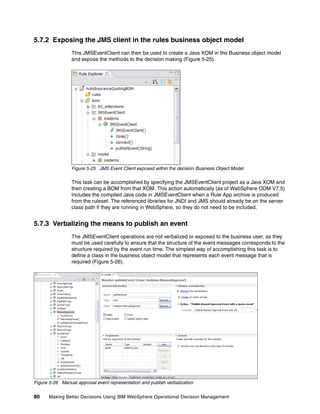 80 Making Better Decisions Using IBM WebSphere Operational Decision Management
5.7.2 Exposing the JMS client in the rules business object model
This JMSEventClient can then be used to create a Java XOM in the Business object model
and expose the methods to the decision making (Figure 5-25).
Figure 5-25 JMS Event Client exposed within the decision Business Object Model
This task can be accomplished by specifying the JMSEventClient project as a Java XOM and
then creating a BOM from that XOM. This action automatically (as of WebSphere ODM V7.5)
includes the compiled Java code in JMSEventClient when a Rule App archive is produced
from the ruleset. The referenced libraries for JNDI and JMS should already be on the server
class path if they are running in WebSphere, so they do not need to be included.
5.7.3 Verbalizing the means to publish an event
The JMSEventClient operations are not verbalized or exposed to the business user, as they
must be used carefully to ensure that the structure of the event messages corresponds to the
structure required by the event run time. The simplest way of accomplishing this task is to
define a class in the business object model that represents each event message that is
required (Figure 5-26).
Figure 5-26 Manual approval event representation and publish verbalization
 