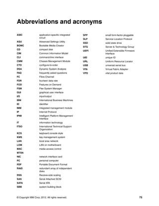 © Copyright IBM Corp. 2012. All rights reserved. 75
ASIC application-specific integrated
circuit
ASU Advanced Settings Utility
BOMC Bootable Media Creator
CD compact disk
CIM Common Information Model
CLI command-line interface
CMM Chassis Management Module
CTO configure-to-order
DSA Dynamic System Analysis
FAQ frequently asked questions
FC Fibre Channel
FDR fourteen data rate
FOD Features on Demand
FSM Flex System Manager
GUI graphical user interface
I/O input/output
IBM International Business Machines
ID identifier
IMM integrated management module
IP Internet Protocol
IPMI Intelligent Platform Management
Interface
IT information technology
ITSO International Technical Support
Organization
KCS keyboard console style
KMS key management system
LAN local area network
LOM LAN on motherboard
MAC media access control
MTSN
NIC network interface card
PC personal computer
PDF Portable Document Format
RAID redundant array of independent
disks
RSS Receive-side scaling
SAS Serial Attached SCSI
SATA Serial ATA
SBB system building block
Abbreviations and acronyms
SFP small form-factor pluggable
SLP Service Location Protocol
SSD solid state drive
STG Server & Technology Group
UEFI Unified Extensible Firmware
Interface
UID unique ID
URL Uniform Resource Locator
USB universal serial bus
VFA Virtual Fabric Adapter
VPD vital product data
 