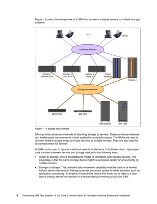 Figure 1 shows a tiered overview of a SAN that connects multiple servers to multiple storage
systems.

…

C
Clients

Local Area Network

System x
VMware ESXi

System x
Linux KVM

System x
Hyper-V

Power
Systems
System z

Storage Area Network

eg arot S mets yS

IBM V7000

IBM SVC

IBM DS8000

IBM Tape

Figure 1 A storage area network

SANs provide advanced methods of attaching storage to servers. These advanced methods
can enable great improvements in both availability and performance. The SANs are used to
connect shared storage arrays and tape libraries to multiple servers. They are also used by
clustered servers for failover.
A SAN can be used to bypass traditional network bottlenecks. It facilitates direct, high-speed
data transfers between servers and storage devices in the following ways:
Server to storage: This is the traditional model of interaction with storage devices. The
advantage is that the same storage device might be accessed serially or concurrently by
multiple servers.
Storage to storage: This outboard data movement capability enables data to be moved
without server intervention, freeing up server processor cycles for other activities, such as
application processing. Examples include a disk device that backs up its data to a tape
device without server intervention or a remote device mirroring across the SAN.

4

Positioning IBM Flex System 16 Gb Fibre Channel Fabric for Storage-Intensive Enterprise Workloads

 