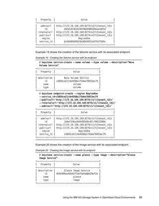 Using the IBM XIV Storage System in OpenStack Cloud Environments 21
| Property | Value |
+-------------+---------------------------------------------+
| adminurl | http://172.16.104.169:8774/v2/%(tenant_id)s |
| id | e02e542363524bf8b9288526bea1825d |
| internalurl | http://172.16.104.169:8774/v2/%(tenant_id)s |
| publicurl | http://172.16.104.169:8774/v2/%(tenant_id)s |
| region | RegionOne |
| service_id | bc65b85d04524b36b502cbd3f61f504c |
+-------------+---------------------------------------------+
Example 19 shows the creation of the Volume service with its associated endpoint.
Example 19 Creating the Volume service with its endpoint
# keystone service-create --name volume --type volume --description="Nova
Volume Service"
+-------------+----------------------------------+
| Property | Value |
+-------------+----------------------------------+
| description | Nova Volume Service |
| id | c5826ce21c4e4268a175dee78453ec79 |
| name | volume |
| type | volume |
+-------------+----------------------------------+
# keystone endpoint-create --region RegionOne
--service_id=c5826ce21c4e4268a175dee78453ec79
--publicurl='http://172.16.104.169:8776/v1/%(tenant_id)s'
--internalurl='http://172.16.104.169:8776/v1/%(tenant_id)s'
--adminurl='http://172.16.104.169:8776/v1/%(tenant_id)s'
+-------------+---------------------------------------------+
| Property | Value |
+-------------+---------------------------------------------+
| adminurl | http://172.16.104.169:8776/v1/%(tenant_id)s |
| id | 1b6ef336a3444382b0bc87cf8012280e |
| internalurl | http://172.16.104.169:8776/v1/%(tenant_id)s |
| publicurl | http://172.16.104.169:8776/v1/%(tenant_id)s |
| region | RegionOne |
| service_id | c5826ce21c4e4268a175dee78453ec79 |
+-------------+---------------------------------------------+
Example 20 shows the creation of the Image service with its associated endpoint.
Example 20 Creating the Image service with its endpoint
# keystone service-create --name glance --type image --description="Glance
Image Service"
+-------------+----------------------------------+
| Property | Value |
+-------------+----------------------------------+
| description | Glance Image Service |
| id | 4b4e999ea40b42f7abfdd4a88e29e72b |
| name | glance |
| type | image |
+-------------+----------------------------------+
 