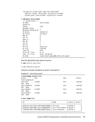 Using the IBM XIV Storage System in OpenStack Cloud Environments 31
No physical volume label read from /dev/loop0
Physical volume "/dev/loop0" successfully created
Volume group "nova-volumes" successfully created
# vgdisplay nova-volumes
--- Volume group ---
VG Name nova-volumes
System ID
Format lvm2
Metadata Areas 1
Metadata Sequence No 1
VG Access read/write
VG Status resizable
MAX LV 0
Cur LV 0
Open LV 0
Max PV 0
Cur PV 1
Act PV 1
VG Size 20.00 GiB
PE Size 4.00 MiB
Total PE 5119
Alloc PE / Size 0 / 0
Free PE / Size 5119 / 20.00 GiB
VG UUID 11yCOi-2je7-oXgd-g0MQ-lLMn-vUr0-taygT6
Start the tgtd (SCSI target daemon) service:
# sudo service tgtd start
# sudo chkconfig tgtd on
Verify the controller installation as shown in Example 31.
Example 31 nova service control
# nova-manage service list
Binary Host Zone Status
State Updated_At
nova-cert cloud01 nova enabled
XXX None
nova-scheduler cloud01 nova enabled
XXX None
nova-compute cloud01 nova enabled
XXX None
nova-network cloud01 nova enabled
XXX None
# nova image-list
+--------------------------------------+-------------------+--------+--------+
| ID | Name | Status | Server |
+--------------------------------------+-------------------+--------+--------+
| 6da3fc51-be7e-4e57-ad2d-9d53b3f9b867 | MY-Linux | ACTIVE | |
| 243a91a2-dd3b-486c-a7ce-fb395bb924ef | tty-linux-ramdisk | ACTIVE | |
| f792c482-630c-4f83-b969-500d4718aece | tty-linuxkernel | ACTIVE | |
+--------------------------------------+-------------------+--------+--------+
 