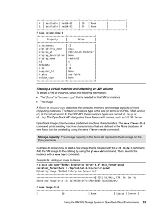 Using the IBM XIV Storage System in OpenStack Cloud Environments 33
+----+-----------+--------------+------+-------------+-------------+
| 4 | available | redbk-01 | 10 | None | |
| 5 | available | redbk-03 | 34 | None | |
+----+-----------+--------------+------+-------------+-------------+
# nova volume-show 5
+---------------------+---------------------+
| Property | Value |
+---------------------+---------------------+
| attachments | [] |
| availability_zone | nova |
| created_at | 2012-10-26 09:02:27 |
| display_description | None |
| display_name | redbk-03 |
| id | 5 |
| metadata | {} |
| size | 34 |
| snapshot_id | None |
| status | available |
| volume_type | None |
+---------------------+---------------------+
Starting a virtual machine and attaching an XIV volume
To create a VM or instance, select the following information:
The “flavor” or “instance type” that is needed for that VM or instance
The image
A flavor or instance type describes the compute, memory, and storage capacity of nova
computing instances. The flavor or instance type is the size (in terms of vCPUs, RAM, and so
on) of the virtual server. In the EC2 API, these instance types are named m1.large or
m1.tiny. The OpenStack API designates these flavors with names, such as 512 MB Server.
OpenStack Image (Glance) uses predefined machine characteristics. The nova flavor-list
command prints existing machine characteristics that are defined in the Nova database. A
new flavor can be created by using the nova flavor-create command.
Example 34 shows how to start a new image that is created with the virt-install command.
Add the VM image to the catalog by using the glance add command. Then, launch the
instance with a nova boot command.
Example 34 Adding an image to Glance
# glance add name="RedHat Enterprise Server 6.3" disk_format=qcow2
container_format=bare < /tmp/red-hat-6.3-server-2.qcow2
Uploading image 'RedHat Enterprise Server 6.3'
==================================================================================
============================================[100%] 55.4M/s, ETA 0h 0m 0s
Added new image with ID: 5a7e4539-df7c-47be-8093-7da418d62e42
# nova image-list
+--------------------------------------+-----------------------+--------+--------+
| ID | Name | Status | Server |
Storage capacity: The storage capacity in the flavor-list represents local storage on the
Compute Node.
 