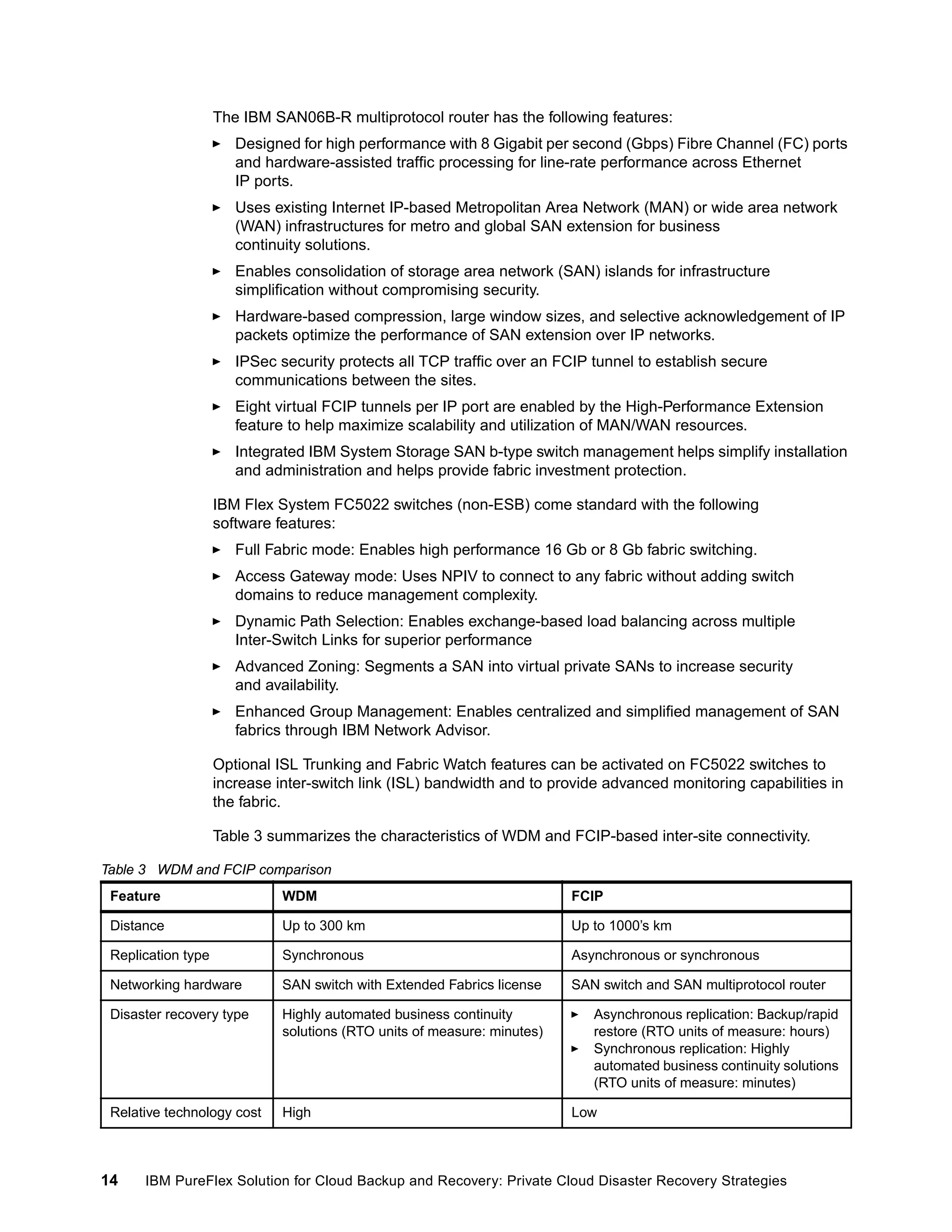 The IBM SAN06B-R multiprotocol router has the following features:
Designed for high performance with 8 Gigabit per second (Gbps) Fibre Channel (FC) ports
and hardware-assisted traffic processing for line-rate performance across Ethernet
IP ports.
Uses existing Internet IP-based Metropolitan Area Network (MAN) or wide area network
(WAN) infrastructures for metro and global SAN extension for business
continuity solutions.
Enables consolidation of storage area network (SAN) islands for infrastructure
simplification without compromising security.
Hardware-based compression, large window sizes, and selective acknowledgement of IP
packets optimize the performance of SAN extension over IP networks.
IPSec security protects all TCP traffic over an FCIP tunnel to establish secure
communications between the sites.
Eight virtual FCIP tunnels per IP port are enabled by the High-Performance Extension
feature to help maximize scalability and utilization of MAN/WAN resources.
Integrated IBM System Storage SAN b-type switch management helps simplify installation
and administration and helps provide fabric investment protection.
IBM Flex System FC5022 switches (non-ESB) come standard with the following
software features:
Full Fabric mode: Enables high performance 16 Gb or 8 Gb fabric switching.
Access Gateway mode: Uses NPIV to connect to any fabric without adding switch
domains to reduce management complexity.
Dynamic Path Selection: Enables exchange-based load balancing across multiple
Inter-Switch Links for superior performance
Advanced Zoning: Segments a SAN into virtual private SANs to increase security
and availability.
Enhanced Group Management: Enables centralized and simplified management of SAN
fabrics through IBM Network Advisor.
Optional ISL Trunking and Fabric Watch features can be activated on FC5022 switches to
increase inter-switch link (ISL) bandwidth and to provide advanced monitoring capabilities in
the fabric.
Table 3 summarizes the characteristics of WDM and FCIP-based inter-site connectivity.
Table 3 WDM and FCIP comparison
Feature

WDM

FCIP

Distance

Up to 300 km

Up to 1000’s km

Replication type

Synchronous

Asynchronous or synchronous

Networking hardware

SAN switch with Extended Fabrics license

SAN switch and SAN multiprotocol router

Disaster recovery type

Highly automated business continuity
solutions (RTO units of measure: minutes)

Relative technology cost

High

14

Asynchronous replication: Backup/rapid
restore (RTO units of measure: hours)
Synchronous replication: Highly
automated business continuity solutions
(RTO units of measure: minutes)
Low

IBM PureFlex Solution for Cloud Backup and Recovery: Private Cloud Disaster Recovery Strategies

 