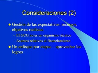 Consideraciones (2)
 Gestión de las expectativas: recursos,
objetivos realistas
– El GCG no es un organismo técnico
– Asuntos relativos al financiamiento
 Un enfoque por etapas – aprovechar los
logros
 