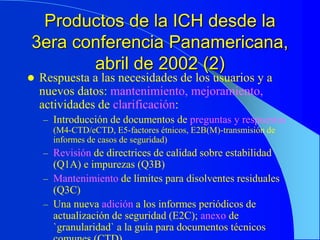 Productos de la ICH desde la
3era conferencia Panamericana,
abril de 2002 (2)
 Respuesta a las necesidades de los usuarios y a
nuevos datos: mantenimiento, mejoramiento,
actividades de clarificación:
– Introducción de documentos de preguntas y respuestas
(M4-CTD/eCTD, E5-factores étnicos, E2B(M)-transmisión de
informes de casos de seguridad)
– Revisión de directrices de calidad sobre estabilidad
(Q1A) e impurezas (Q3B)
– Mantenimiento de límites para disolventes residuales
(Q3C)
– Una nueva adición a los informes periódicos de
actualización de seguridad (E2C); anexo de
`granularidad` a la guía para documentos técnicos
 
