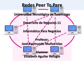 Redes Peer To Pere
Universidad Tecnológica de Tulancingo

     Desarrollo de Negocios 11

     Informática Para Negocios

             Profesor:
     José Raymundo Muñoz Islas

              Alumno:
      Elizabeth Aguilar Refugio
 
