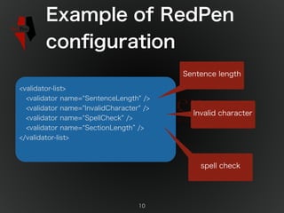 Example of RedPen 
configuration 
<validator-list> 
<validator name=“SentenceLength" /> 
<validator name="InvalidCharacter...