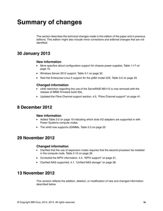 Summary of changes

                 This section describes the technical changes made in this edition of the paper and in previous
                 editions. This edition might also include minor corrections and editorial changes that are not
                 identified.



30 January 2013
                 New information
                     More specifics about configuration support for chassis power supplies, Table 1-17 on
                     page 15.
                     Windows Server 2012 support, Table 3-1 on page 32.
                     Red Hat Enterprise Linux 5 support for the p260 model 23X, Table 3-2 on page 33

                 Changed information
                     x440 restriction regarding the use of the ServeRAID M5115 is now removed with the
                     release of IMM2 firmware build 40a,
                     Updated the Fibre Channel support section, 4.5, “Fibre Channel support” on page 41.



8 December 2012
                 New information
                     Added Table 2-2 on page 19 indicating which slots I/O adapters are supported in with
                     Power Systems compute nodes.
                     The x440 now supports UDIMMs, Table 2-3 on page 20



29 November 2012
                 Changed information
                     Clarified that the use of expansion nodes requires that the second processor be installed
                     in the compute node, Table 2-10 on page 26.
                     Corrected the NPIV information, 4.4, “NPIV support” on page 41.
                     Clarified NAS supported, 4.1, “Unified NAS storage” on page 38.



13 November 2012
                 This revision reflects the addition, deletion, or modification of new and changed information
                 described below.




© Copyright IBM Corp. 2012, 2013. All rights reserved.                                                           ix
 