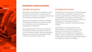 Estratégia de Negócios
Aplicamos metodologias orientadas ao valor
de negócios para evoluir e transformar os
processos de negócios e modelos
operacionais das empresas usando
mobilidade.
Aplicamos workshops baseados em Design
Thinking para identificar as oportunidades
com benefícios mais imediatos para a
aplicação de mobilidade.
Em seguida desenvolvemos um modelo de
maturidade mobile, considerando vetores
como marketing, vendas, serviços,
operações, segurança, privacidade e
governança, para orienta a evolução de longo
prazo.
Estratégia de Tecnologia
Trabalhamos com as áreas de TI das
empresas na criação de um modelo de
domínios de serviços, organizando os
sistemas em grupos identificados como
Systems of Record (o legado transacional da
empresa; e Systems of Engagement (os
diversos canais de atendimento, incluindo,
mas não limitado a mobile).
Adicionamos a esses domínios novas
capacidades, e introduzimos dois novos
domínios de serviços de TI: Systems of
Interaction (um middleware inteligente e
seguro, capaz de interpretar contextos em
tempo real); e Systems of Insight (para análise
e inteligência baseada em dados).
MOBILE
 