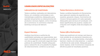 Laboratórios de Usabilidade
Testes e análises realizados em laboratórios
físicos, em condições controladas e com
metodologia acadêmica. Adequados para
grandes lançamentos ou relançamentos de
produtos e serviços digitais, como iniciativas
de e-commerce, m-commerce, Internet
banking e serviços de telecom.
Testes Remotos e Anônimos
Testes e análises baseados em ferramentas
que capturam sessões da experiência de
usuários, gravando cliques, movimentos de
mouse e tempos gastos em cada operação.
Adequados para serviços em produção, com
bases significativas de usuários. Usados em
conjunto com insights vindo de analytics de
canal.
Expert Reviews
Análises heurísticas e auditorias de
usabilidade realizadas por especialistas, que
usam metodologias de análise para avaliar se
um site ou app foi construído seguindo boas
práticas de usabilidade. Modelo adequado
para o redesenho de uma plataforma digital
de relacionamento, comércio ou serviços.
Testes A/B e Multivariate
Testes que publicam em tempo real duas ou
mais versões de um elemento interativo em
um site ou app – incluindo botões, chamadas,
banners, mesmo em sites externos – e
avaliam a eficiência de cada versão.
Adequado para testes rápidos, onde
incrementos marginais de eficiência pode ter
resultados positivos.
INSIGHTS
 