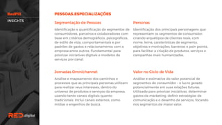 Segmentação de Pessoas
Identificação e quantificação de segmentos
de consumidores, parceiros e colaboradores
com base em critérios demográficos,
psicográficos, de estilo de vida,
comportamentais e por padrões de gastos e
relacionamento com a empresa entre outros.
Fundamental para priorizar iniciativas digitais
e modelos de serviços por canal.
Personas
Identificação dos principais personagens que
representam os segmentos de consumidor,
criando arquétipos de clientes reais, com
nome, lema, caraterísticas de segmento,
objetivos e motivações, barreiras e pain
points, para facilitar a criação de produtos,
serviços e campanhas mais humanizadas.
Jornadas Omnichannel
Análise e mapeamento dos caminhos e
processos que as principais personas utilizam
para realizar seus interesses, dentro do
universo de produtos e serviços da empresa,
usando tanto canais digitais quanto
tradicionais. Inclui canais externos, como
mídias e engenhos de busca.
Valor no Ciclo de Vida
Análise e estimativa do valor potencial de
segmentos de consumidor – o lucro gerado
potencialmente em suas relações futuras.
Utilizado para priorizar iniciativas, determinar
gastos de marketing, definir estratégias de
comunicação e o desenho de serviços,
focando nos segmentos de maior valor.
INSIGHTS
 