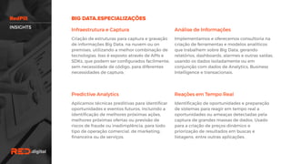 Infraestrutura e Captura
Criação de estruturas para captura e gravação
de informações Big Data, na nuvem ou on
premises, utilizando a melhor combinação de
tecnologias. Isso é exposto através de APIs e
SDKs, que podem ser configurados
facilmente, sem necessidade de código, para
diferentes necessidades de captura.
Análise de Informações
Implementamos e oferecemos consultoria na
criação de ferramentas e modelos analíticos
que trabalhem sobre Big Data, gerando
relatórios, dashboards, alarmes e outras
saídas, usando os dados isoladamente ou em
conjunção com dados de Analytics, Business
Intelligence e transacionais.
Predictive Analytics
Aplicamos técnicas preditivas para identificar
oportunidades e eventos futuros, incluindo a
identificação de melhores próximas ações,
melhores próximas ofertas ou previsão de
riscos de fraude ou inadimplência, para todo
tipo de operação comercial, de marketing,
financeira ou de serviços.
Reações em Tempo Real
Identificação de oportunidades e preparação
de sistemas para reagir em tempo real a
oportunidades ou ameaças detectadas pela
captura de grandes massas de dados. Usado
para a criação de preços dinâmico e
priorização de resultados em buscas e
listagens, entre outras aplicações.
INSIGHTS
 