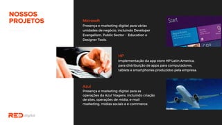 Microsoft
Presença e marketing digital para várias
unidades de negócio, incluindo Developer
Evangelism, Public Sector - Education e
Designer Tools.
HP
Implementação da app store HP Latin America,
para distribuição de apps para computadores,
tablets e smartphones produzidos pela empresa.
Azul
Presença e marketing digital para as
operações da Azul Viagens, incluindo criação
de sites, operações de mídia, e-mail
marketing, mídias sociais e e-commerce.
 