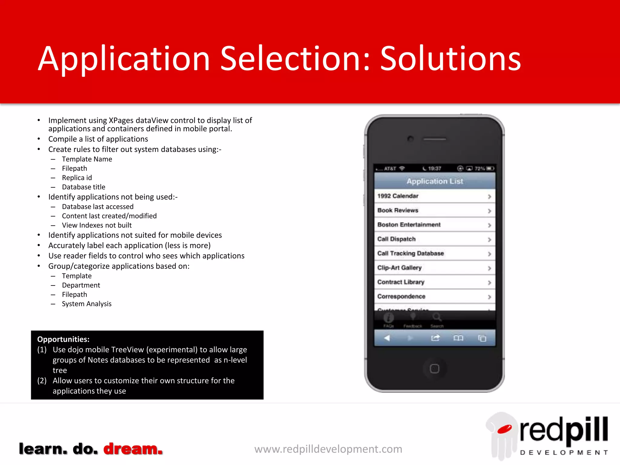 www.redpilldevelopment.comlearn. do. dream.
Mobile Page Structure
Application List Container List Collection List Collection Representation
 