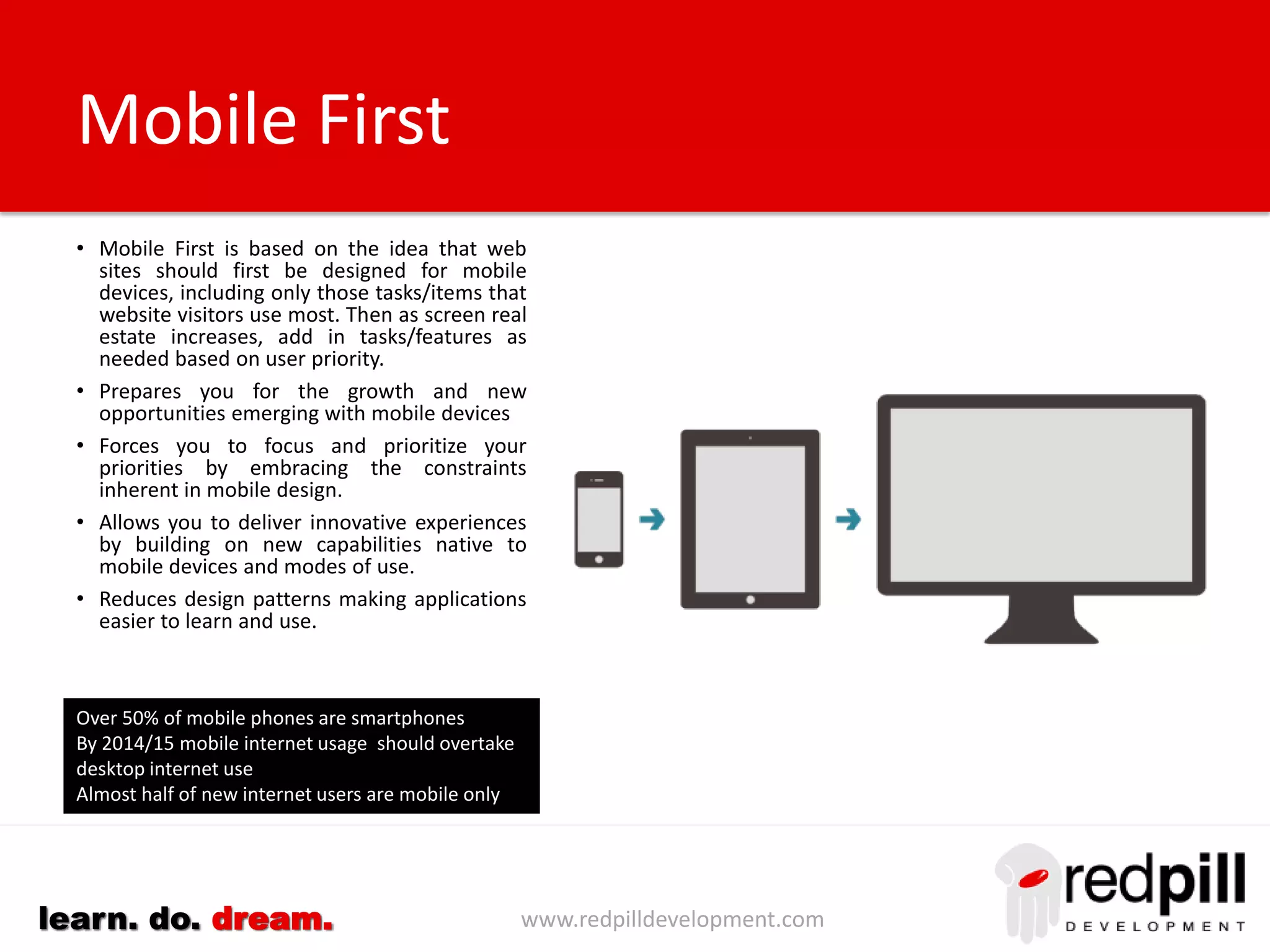 www.redpilldevelopment.comlearn. do. dream.
The Importance Of Design
• The key to mobilizing a large number of
applications is to find the patterns that are
common to most applications and providing
a (customizable) generic solution for those
patterns.
• The Notes workspace and 3-pane UI provides
a consistent approach used by 80%+ of Notes
applications.
• Finding Containers:
– Workspace grouped into tabs
– Bookmarks (used by a minority)
• Finding Documents:
– Views/Folders (Outline/Navigator)
– Search
• Displaying Data:
– Labels and Values (often in a table)
– Grouping into tabbed tables, sections
 