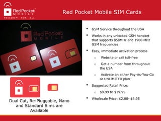 • GSM Service throughout the USA
• Works in any unlocked GSM handset
that supports 850MHz and 1900 MHz
GSM frequencies
• Easy, immediate activation process
o Website or call toll-free
o Get a number from throughout
the USA
o Activate on either Pay-As-You-Go
or UNLIMITED plan
• Suggested Retail Price:
o $9.99 to $19.95
• Wholesale Price: $2.00- $4.95
Dual Cut, Re-Pluggable, Nano
and Standard Sims are
Available
Red Pocket Mobile SIM Cards
 