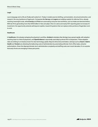 <pg>15
Where AI Works Today
©2025 Redpoint Ventures. Proprietary and confidential. Do not copy or distribute without permission.
Legal
Law is language and LLMs are finally well-suited to it. Today’s models excel at drafting, summarization, structured extraction, and
research, the very backbone of legal work. Companies like Harvey and Legora are building copilots for elite law firms, already
reaching meaningful scale, while EvenUp and Finch are automating consumer law workflows, such as intake and demand letters.
With law firms generating more than $400 billion in fees annually in the U.S. alone and nearly 90% reporting plans to increase AI
investment, the opportunity extends well beyond copilots, toward AI systems that can replace entire portions of legal labor end-
to-end.
Healthcare
In healthcare, AI is already reshaping the physician’s workflow. Ambient notetakers like Abridge have spread rapidly, with adoption
reaching close to a third of physicians, and OpenEvidence is reportedly used daily by almost 40% of physicians. These adoption
rates are striking in an industry known for slow technology uptake. Beyond clinical documentation, startups such as Assort, Valerie
Health and Tandem are attacking the ballooning costs of administration by automating referrals, front-office tasks, and prior
authorizations. Given the disproportionate rise in administrative complexity and staffing costs over recent decades, it’s no surprise
that early AI wins are emerging in these pain points.
 