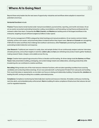 Where AI Is Going Next
<pg>16
Beyond these early leaders lies the next wave of opportunity—industries and workflows where adoption is nascent but
potential is enormous.
Horizontal functions include:
Finance: Finance teams remain buried under manual reconciliations, journal entries, reporting, and month-end closes. AI can
act as a junior accountant automating transaction coding, reconciliations, and forecasting, turning finance professionals into
reviewers rather than doers. Companies like Rillet, Everest, and Maxima are tackling some of the largest workflows in the
enterprise, targeting not just software budgets but billions in labor spend.
IT: IT service management (ITSM) is plagued by ticket backlogs and manual escalations. AI can resolve common tickets
instantly, surface root causes, and proactively detect incidents before they impact users. Serval and Console are reimagining
ITSM with AI-native workflows that challenge ServiceNow’s dominance, while Traversal is pioneering AI-powered SRE,
automating incident detection and response.
User Research: Traditional user research is costly, slow, and sample-limited. AI can continuously analyze customer interviews,
simulate personas, and surface insights in real time. Listen Labs and Aaru are rethinking how product teams gather feedback,
making research faster, cheaper, and scalable across the org.
Design: Creative teams spend huge amounts of time on iteration and formatting. AI-driven design tools like Gamma and Flora
Fauna make presentation building, prototyping, and content design instant and collaborative, unlocking productivity while
broadening who can contribute to creative workflows.
Recruiting: Hiring remains one of the most resource-intensive functions, with recruiters spending countless hours sourcing
candidates and conducting initial screenings. AI can now automate both—surfacing best-fit talent from vast pools and handling
first-round interviews or assessments—so recruiters can focus on closing and relationship-building. Companies like Juicebox are
leading this shift, turning recruiting into a scalable, automated process.
Compliance: Compliance monitoring has historically been reactive and resource-intensive. AI enables continuous monitoring,
real-time alerts, and embedded policy enforcement. Norm is building AI-native compliance infrastructure that reduces risk and
cost for regulated industries.
©2025 Redpoint Ventures. Proprietary and confidential. Do not copy or distribute without permission.
 