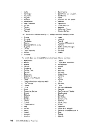 116 xREF: IBM x86 Server Reference
򐂰 Malta
򐂰 Martinique
򐂰 Mauritania
򐂰 Mayotte
򐂰 Monaco
򐂰 Netherlands
򐂰 New Caledonia
򐂰 Norway
򐂰 Pitcairn
򐂰 Portugal
򐂰 Réunion
򐂰 Saint Helena
򐂰 Saint Pierre and Miquelon
򐂰 San Marino
򐂰 Spain
򐂰 Svalbard and Jan Mayen
򐂰 Sweden
򐂰 Switzerland
򐂰 United Kingdom
򐂰 Vanuatu
򐂰 Wallis and Futuna
򐂰 Western Sahara
The Central and Eastern Europe (CEE) market consists of these countries:
򐂰 Angola
򐂰 Armenia
򐂰 Azerbaijan
򐂰 Belarus
򐂰 Bosnia and Herzegovina
򐂰 Bulgaria
򐂰 Croatia
򐂰 Czech Republic
򐂰 Estonia
򐂰 Hungary
򐂰 Latvia
򐂰 Lithuania
򐂰 Poland
򐂰 Republic of Macedonia
򐂰 Romania
򐂰 Serbia and Montenegro
򐂰 Slovakia
򐂰 Slovenia
򐂰 Turkey
The Middle East and Africa (MEA) market consists of these countries:
򐂰 Afghanistan
򐂰 Albania
򐂰 Algeria
򐂰 Bahrain
򐂰 Botswana
򐂰 Burkina Faso
򐂰 Burundi
򐂰 Cameroon
򐂰 Cape Verde
򐂰 Central Africa Republic
򐂰 Chad
򐂰 Congo, Democratic Republic of the
򐂰 Côte d’Ivoire
򐂰 Djibouti
򐂰 Dubai
򐂰 Egypt
򐂰 Equatorial Guinea
򐂰 Eritrea
򐂰 Ethiopia
򐂰 Gabon
򐂰 Gambia
򐂰 Ghana
򐂰 Guinea
򐂰 Guinea-Bissau
򐂰 Iraq
򐂰 Jordan
򐂰 Kenya
򐂰 Kuwait
򐂰 Lebanon
򐂰 Lesotho
򐂰 Liberia
򐂰 Libyan Arab Jamahiriya
򐂰 Madagascar
򐂰 Malawi
򐂰 Mali
򐂰 Mauritius
򐂰 Morocco
򐂰 Mozambique
򐂰 Namibia
򐂰 Niger
򐂰 Nigeria
򐂰 Oman
򐂰 Pakistan
򐂰 Qatar
򐂰 Republic of Moldova
򐂰 Rwanda
򐂰 Sao Tome and Principe
򐂰 Saudi Arabia
򐂰 Senegal
򐂰 Seychelles
򐂰 Sierra Leone
򐂰 Somalia
򐂰 South Africa
򐂰 Sudan
򐂰 Swaziland
򐂰 Syrian Arab Republic
򐂰 Tanzania, United Republic of
򐂰 Togo
򐂰 Tunisia
򐂰 Uganda
 