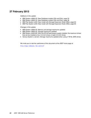 xii xREF: IBM x86 Server Reference
27 February 2013
Additions in this update:
򐂰 IBM System x3690 X5: New Database models (D3x and D4x), page 33
򐂰 IBM System x3850 X5: New Database models (D3x and D4x), page 38
򐂰 IBM Flex System x220: New model with Storage Expansion Node (DBx), page 63
򐂰 IBM Flex System x240: New model with Storage Expansion Node (HBx), page 65
Changes in this update:
򐂰 IBM System x3690 X5: Memory and storage maximums updated
򐂰 IBM System x3850 X5: Storage maximums updated
򐂰 IBM System x3400 M3: With the 670 W fixed powers supply installed, the maximum drives
that can be installed is four 3.5-inch drives or eight 2.5-inch drives
򐂰 Various System x servers: Storage maximums updated when using 4 TB NL SATA drives
We invite you to rate the usefulness of this document at the xREF home page at:
http://www.redbooks.ibm.com/xref
 