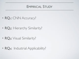 EMPIRICAL STUDY
• RQ1: CNN Accuracy?  
• RQ2: Hierarchy Similarity?  
• RQ3: Visual Similarity?  
• RQ4: Industrial Applicability?
 