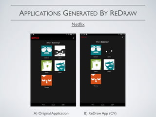 APPLICATIONS GENERATED BY REDRAW
A) Original Application B) ReDraw App (CV)
Netﬂix
 