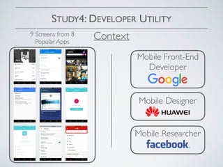 STUDY4: DEVELOPER UTILITY
Context
Mobile Front-End
Developer
Mobile Designer
9 Screens from 8
Popular Apps
Mobile Researcher
 