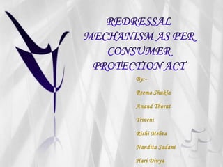 REDRESSAL MECHANISM AS PER  CONSUMER PROTECTION ACT  By:- Reema Shukla Anand Thorat Triveni Rishi Mehta Nandita Sadani Hari Divya 