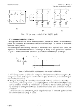 Université de Savoie

R1

Licence EEA Module U6
Energie et convertisseurs d'énergie

R2

R3

v1
ud

v1

v2

v1

v2

v2

ud

v3

ud

v3

v3

(a)
(b)

(c)

Figure 3-1. Redresseurs triphasés. (a) P3. (b) PD3. (c) S3.
2.1 Commutation des redresseurs
Lorsque plusieurs redresseurs ont une électrode commune, on verra que chacun n’est conducteur que
pendant une durée limitée et qu’un seul conduit à chaque instant (lorsque l’on considère les interrupteurs
redresseurs comme parfaits).
Si le courant produit par le montage redresseur est ininterrompu, ce qui représente le cas général, cela
impose que l’enclenchement d’un redresseur s’accompagne du blocage de celui qui conduisait auparavant.
La figure 3-2 montre qu’à l’instant t 1 le redresseur R2 devient conducteur tandis que R1 se bloque.
i
i1

i1

i2

i2
R1

i1

i2

R2
t
t1

0

Figure 3-2. Commutation instantanée des interrupteurs redresseurs.
En pratique, le phénomène de commutation n’est jamais instantané comme on l’a vu au chapitre 2. Les
conséquences de cette réalité physique seront abordées au § 3.2. Pour l'instant, on considérera toujours
une commutation instantanée.
On distinguera plusieurs types de commutation suivant le mode de blocage du redresseur à déclencher :
• Commutation par la charge ou par la source (dite également commutation naturelle) lorsque ce
sont des conditions extérieures (et donc naturelles) au convertisseur (tensions ou f.e.m. de la charge ou
de la source) qui contraignent au blocage le redresseur conducteur quand un nouveau redresseur
s’enclenche ;
• Auto-commutation (ou commutation forcée) lorsque le redresseur est commandé quelles que soient
les conditions extérieures (charge ou source).

Chp-3

- 17 -

 