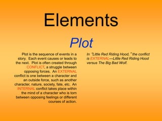Elements 
Plot 
Plot is the sequence of events in a 
story. Each event causes or leads to 
the next. Plot is often created through 
CONFLICT, a struggle between 
opposing forces. An EXTERNAL 
conflict is one between a character and 
an outside force, such as another 
character, nature, society, fate, etc. An 
INTERNAL conflict takes place within 
the mind of a character who is torn 
between opposing feelings or different 
courses of action. 
In “Little Red Riding Hood,” the conflict 
is EXTERNAL—Little Red Riding Hood 
versus The Big Bad Wolf. 
 