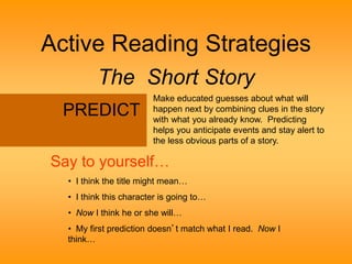 Active Reading Strategies 
The Short Story 
Make educated guesses about what will 
happen next by combining clues in the story 
with what you already know. Predicting 
helps you anticipate events and stay alert to 
the less obvious parts of a story. 
PREDICT 
Say to yourself… 
• I think the title might mean… 
• I think this character is going to… 
• Now I think he or she will… 
• My first prediction doesn’t match what I read. Now I 
think… 
 