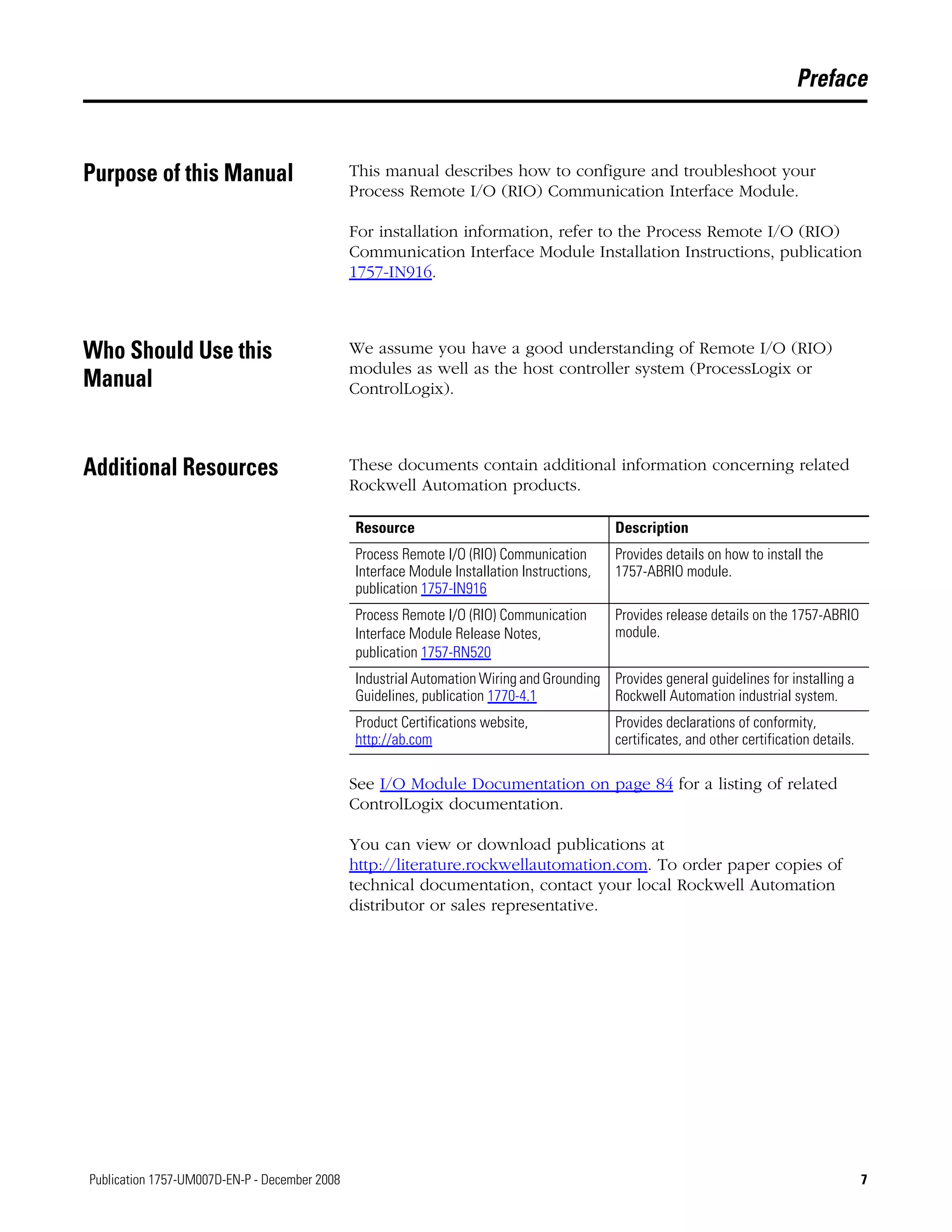7Publication 1757-UM007D-EN-P - December 2008 7
Preface
Purpose of this Manual This manual describes how to configure and troubleshoot your
Process Remote I/O (RIO) Communication Interface Module.
For installation information, refer to the Process Remote I/O (RIO)
Communication Interface Module Installation Instructions, publication
1757-IN916.
Who Should Use this
Manual
We assume you have a good understanding of Remote I/O (RIO)
modules as well as the host controller system (ProcessLogix or
ControlLogix).
Additional Resources These documents contain additional information concerning related
Rockwell Automation products.
See I/O Module Documentation on page 84 for a listing of related
ControlLogix documentation.
You can view or download publications at
http://literature.rockwellautomation.com. To order paper copies of
technical documentation, contact your local Rockwell Automation
distributor or sales representative.
Resource Description
Process Remote I/O (RIO) Communication
Interface Module Installation Instructions,
publication 1757-IN916
Provides details on how to install the
1757-ABRIO module.
Process Remote I/O (RIO) Communication
Interface Module Release Notes,
publication 1757-RN520
Provides release details on the 1757-ABRIO
module.
Industrial Automation Wiring and Grounding
Guidelines, publication 1770-4.1
Provides general guidelines for installing a
Rockwell Automation industrial system.
Product Certifications website,
http://ab.com
Provides declarations of conformity,
certificates, and other certification details.
 