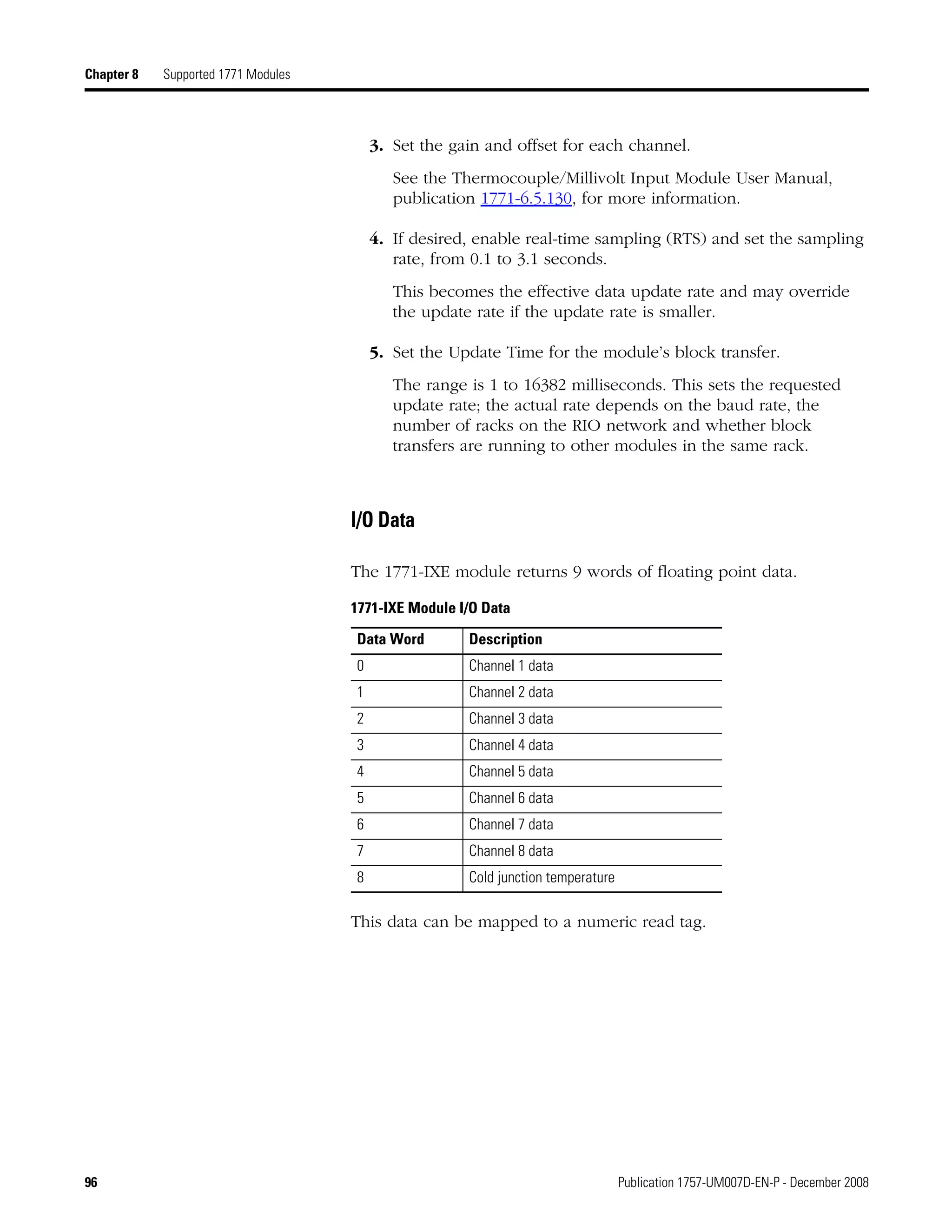 96 Publication 1757-UM007D-EN-P - December 2008
Chapter 8 Supported 1771 Modules
3. Set the gain and offset for each channel.
See the Thermocouple/Millivolt Input Module User Manual,
publication 1771-6.5.130, for more information.
4. If desired, enable real-time sampling (RTS) and set the sampling
rate, from 0.1 to 3.1 seconds.
This becomes the effective data update rate and may override
the update rate if the update rate is smaller.
5. Set the Update Time for the module’s block transfer.
The range is 1 to 16382 milliseconds. This sets the requested
update rate; the actual rate depends on the baud rate, the
number of racks on the RIO network and whether block
transfers are running to other modules in the same rack.
I/O Data
The 1771-IXE module returns 9 words of floating point data.
This data can be mapped to a numeric read tag.
1771-IXE Module I/O Data
Data Word Description
0 Channel 1 data
1 Channel 2 data
2 Channel 3 data
3 Channel 4 data
4 Channel 5 data
5 Channel 6 data
6 Channel 7 data
7 Channel 8 data
8 Cold junction temperature
 