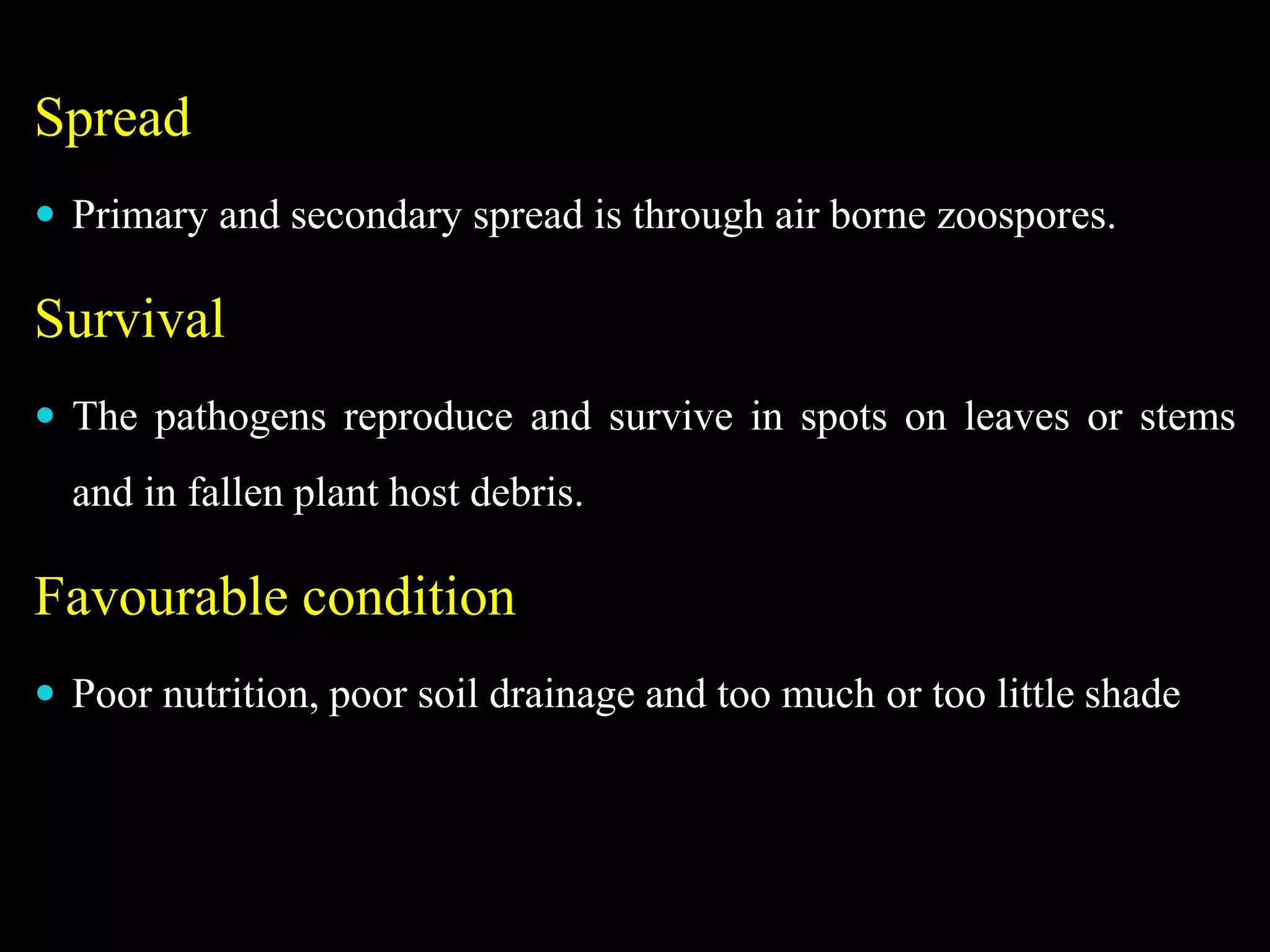 Spread
 Primary and secondary spread is through air borne zoospores.
Survival
 The pathogens reproduce and survive in spots on leaves or stems
and in fallen plant host debris.
Favourable condition
 Poor nutrition, poor soil drainage and too much or too little shade
 