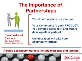The Importance of
Partnerships
Stakeholders &
Partners:
City, County, Utility,
Tourism, Chamber, etc.
You do not operate in a vacuum!
Your Community is your PRODUCT.
You develop parts of it, and others
develop other parts of it.
Collaboration will take your
community farther!
Related secondary markets include residents and tourists
 