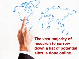 The vast majority of
research to narrow
down a list of potential
sites is done online.
 