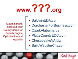www.???.org
  BaldwinEDA.com
  DorchesterForBusiness.com
  OzarkAlabama.us
  PlatteCountyEDC.com
  ChesapeakeVA.biz
  BuildWebsterCity.com
At a minimum,
spell out your
County name for
Search Engine
Optimization and
usability
 