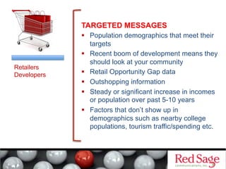 TARGETED MESSAGES
  Population demographics that meet their
targets
  Recent boom of development means they
should look at your community
  Retail Opportunity Gap data
  Outshopping information
  Steady or significant increase in incomes
or population over past 5-10 years
  Factors that don’t show up in
demographics such as nearby college
populations, tourism traffic/spending etc.
Retailers
Developers
 